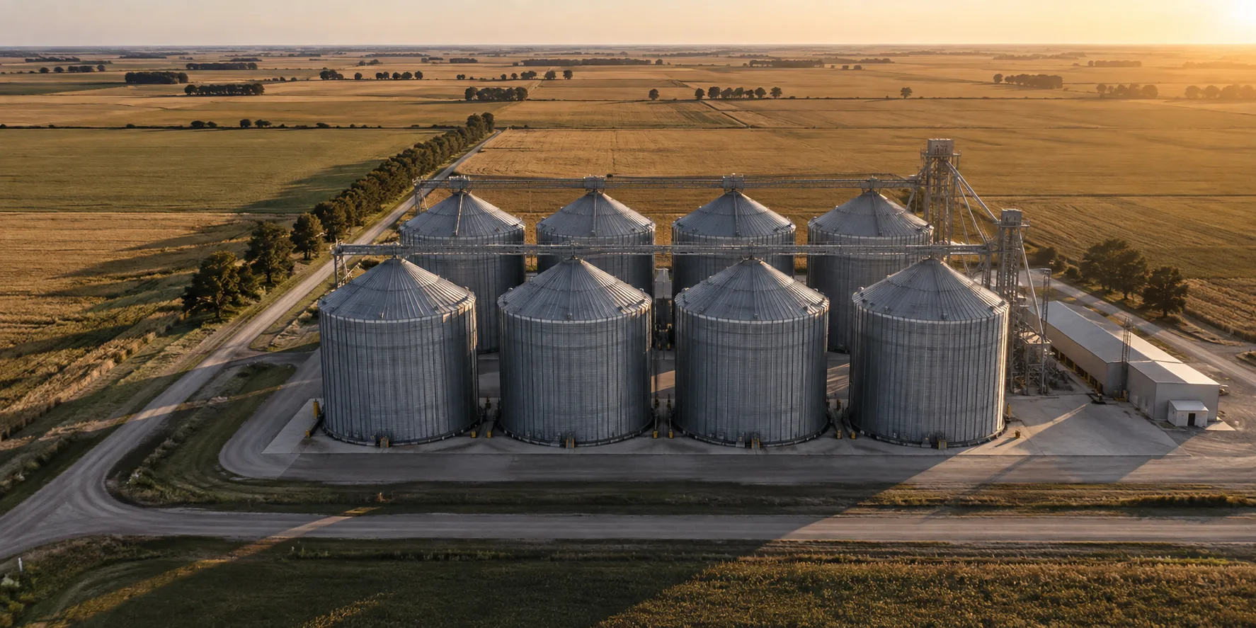 Vista aérea ilustrativa de una planta de acopio rodeada de campos