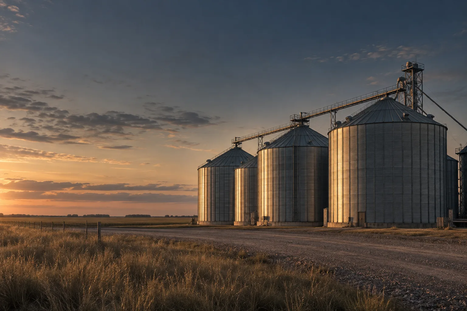 Silos metálicos de granos entre campos de la llanura argentina al atardecer